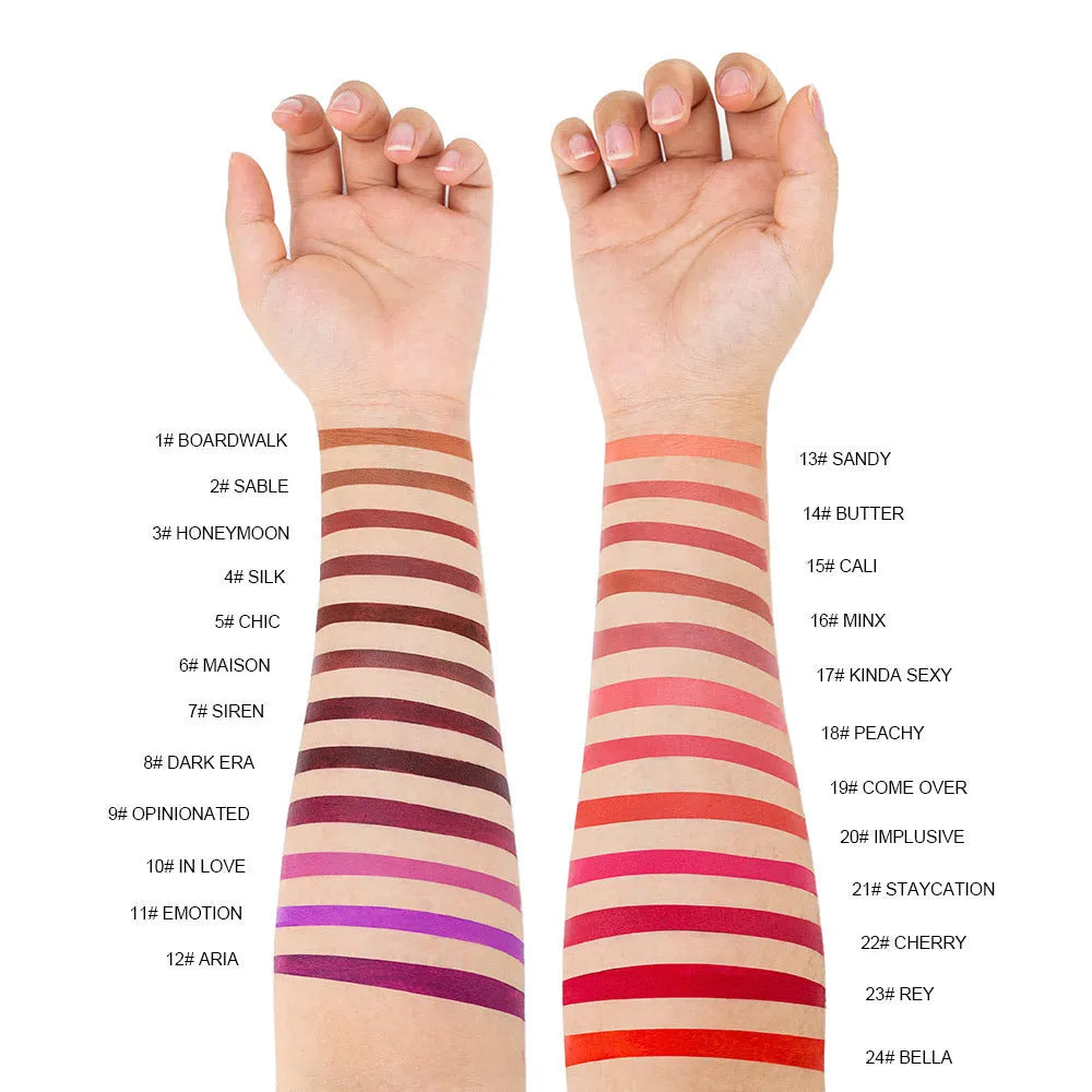 Matte finish lipstick bullet in case showing one of 24 available waterproof colour shades.