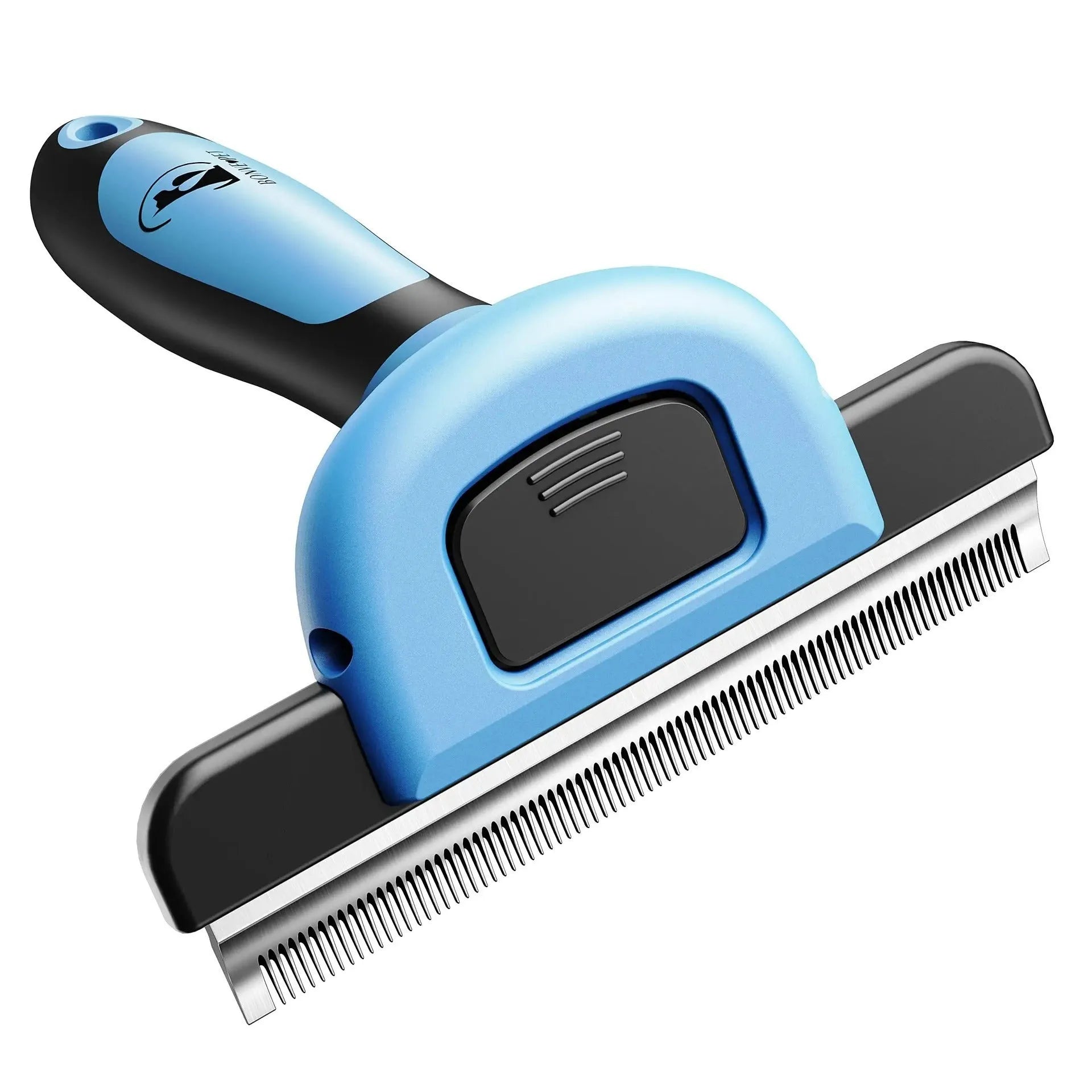 Blue or yellow dog grooming comb with stainless steel teeth and plastic handle for pet hair removal
