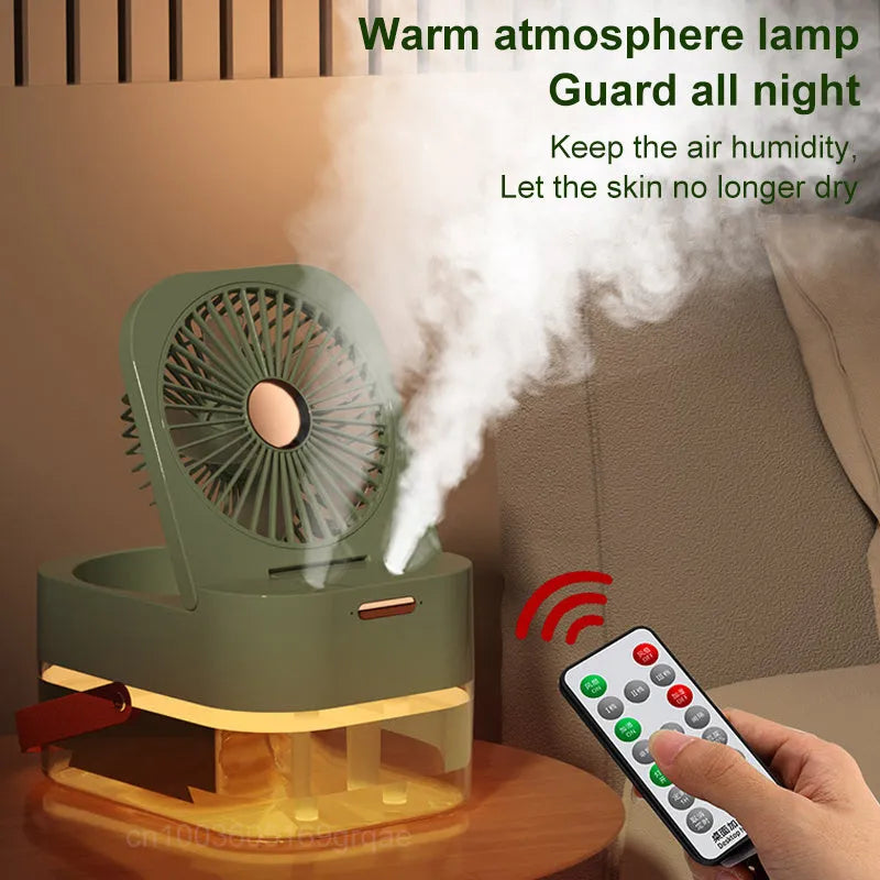 USB-powered desktop humidifier and cooling fan with remote control in green or white colour