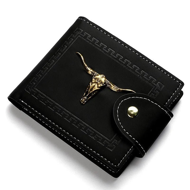 Black men's wallet with animal pattern, multiple card slots and zipper closure