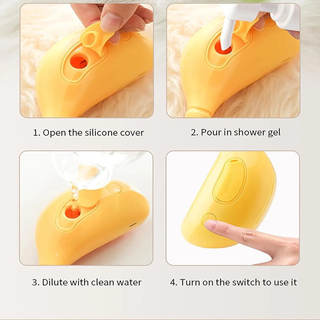 Rechargeable 3-in-1 cat steam brush with massage function and paw-shaped teeth in green or yellow colour