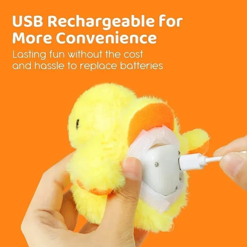 Yellow flapping duck cat toy with vibration sensor and removable plush cover