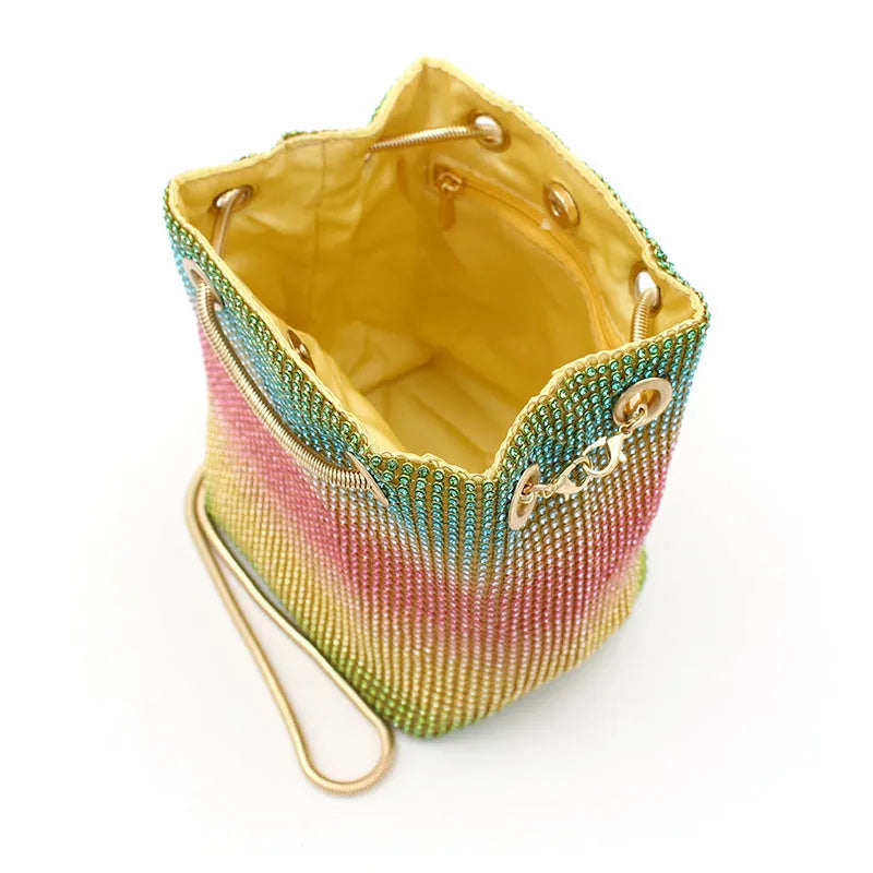 Rainbow glitter rhinestone soft bucket bag for evening parties and weddings.