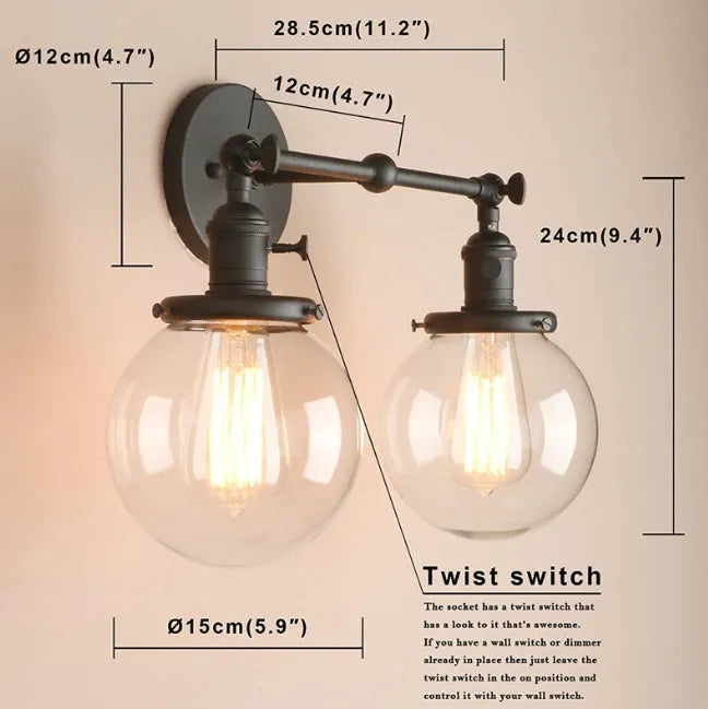 Double headed industrial wall lamp with spherical glass shades, iron black finish, 15x12x24cm