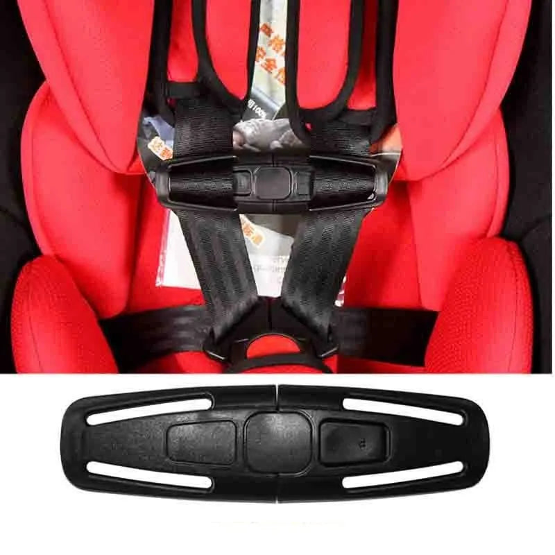 Black nylon seat belt buckle clip for child car seat 5-point harness, dimensions 14.5cm by 4cm