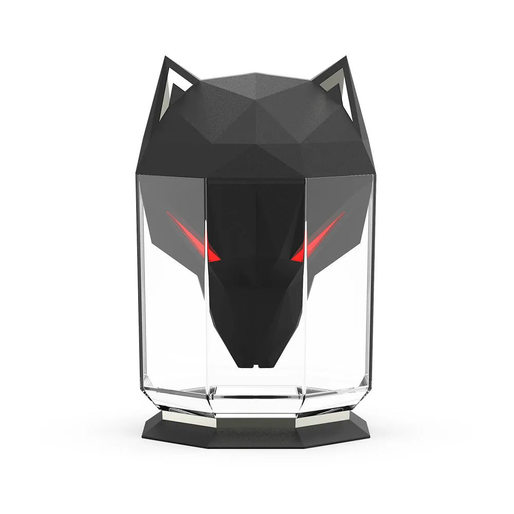 War Wolf black or white desktop ultrasonic humidifier with LED lights and USB cable.
