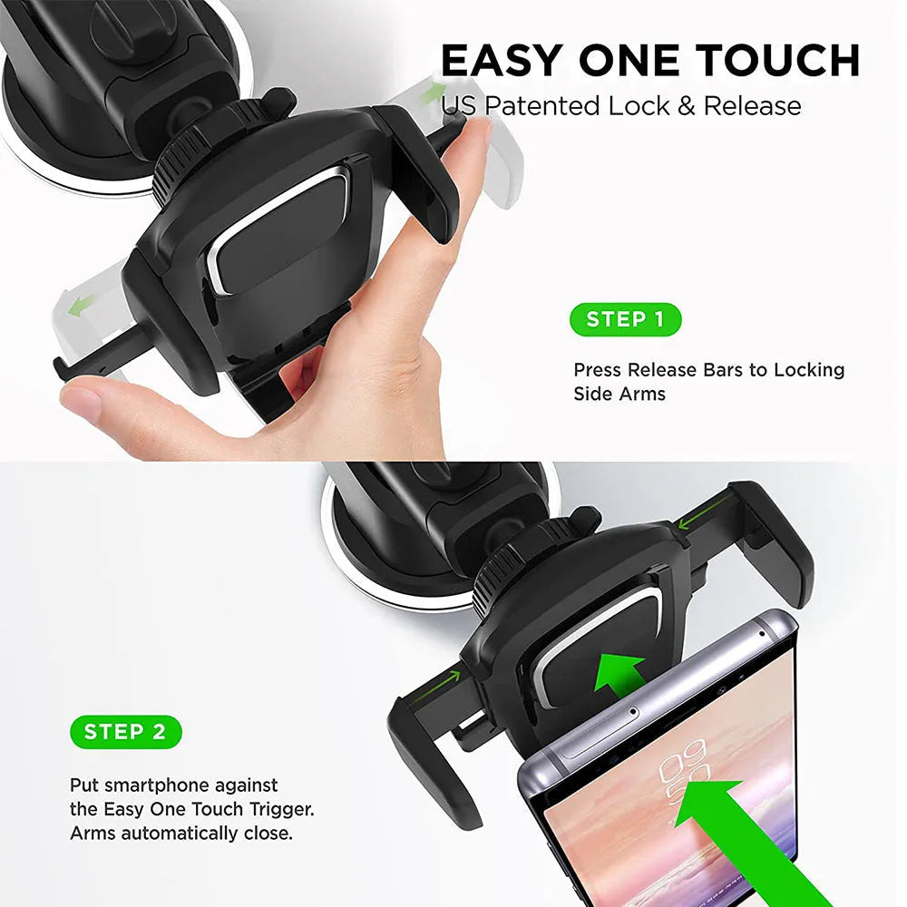 Black retractable suction cup car phone holder mounted on car dashboard