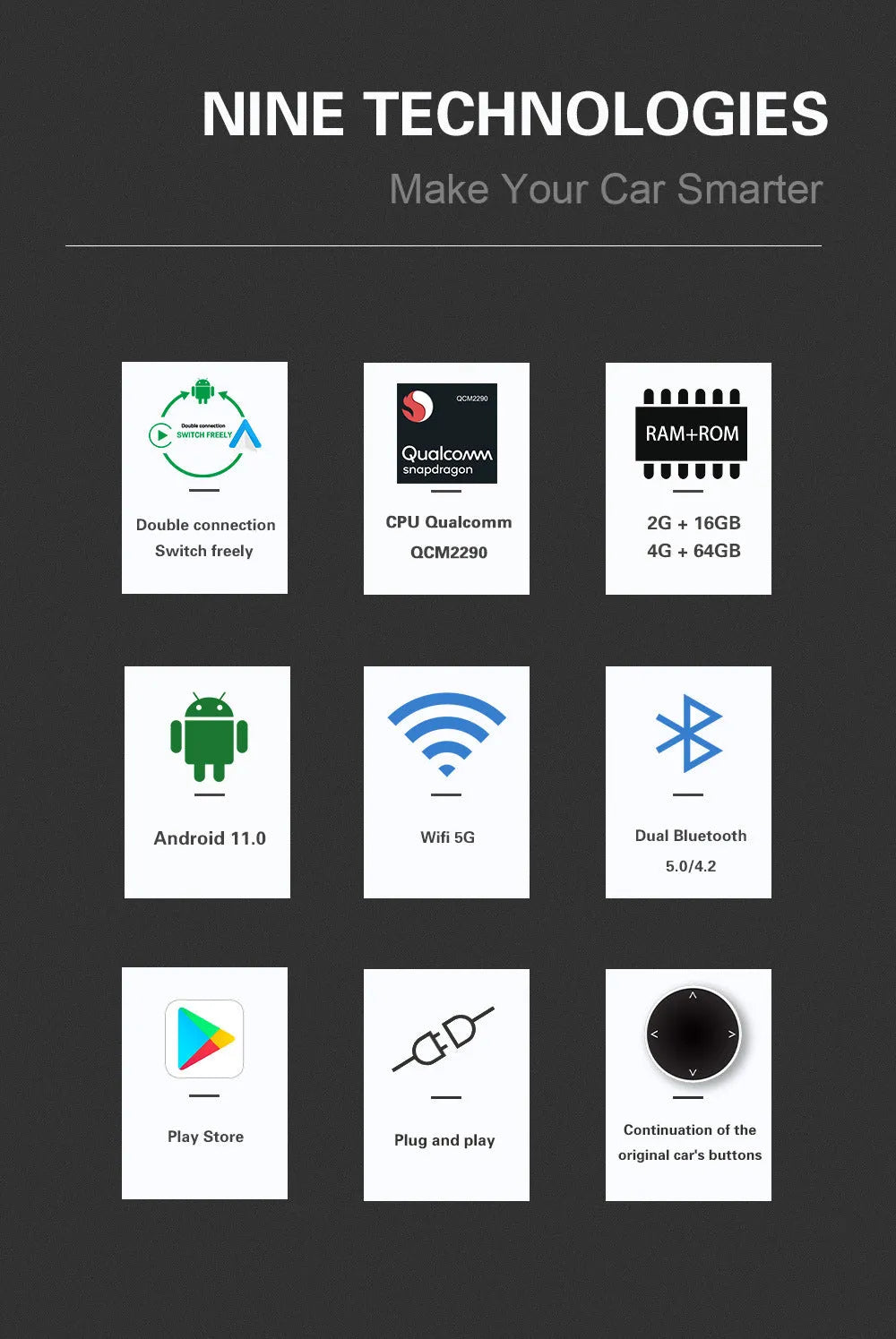 CarPlay Android Auto upgrade smart box for original car systems with Android 11 and wireless connectivity