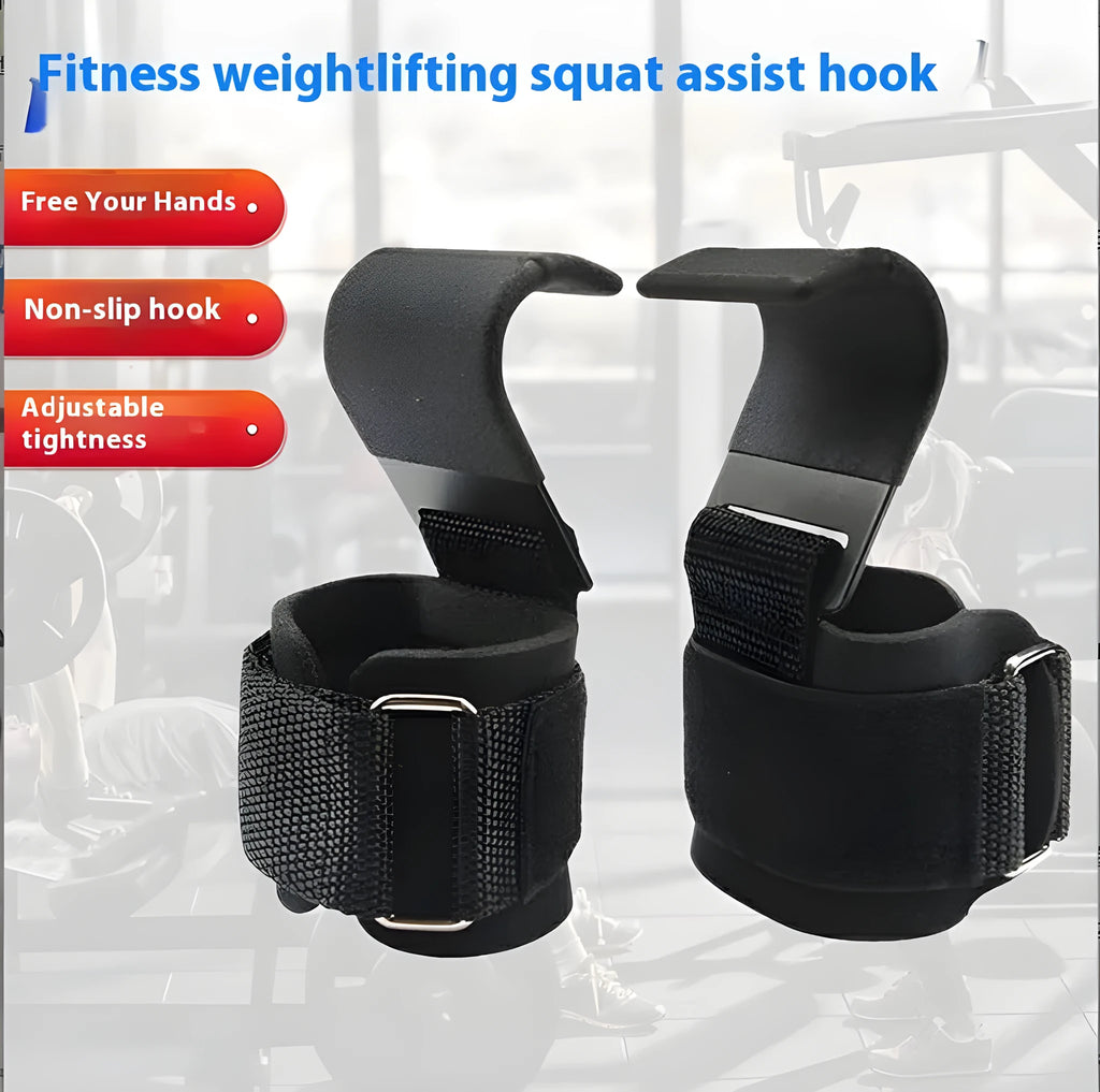 Pull-up grip hook with coated steel hook and rubber nylon buckle, 37.5cm by 8cm, for pull-ups and back training