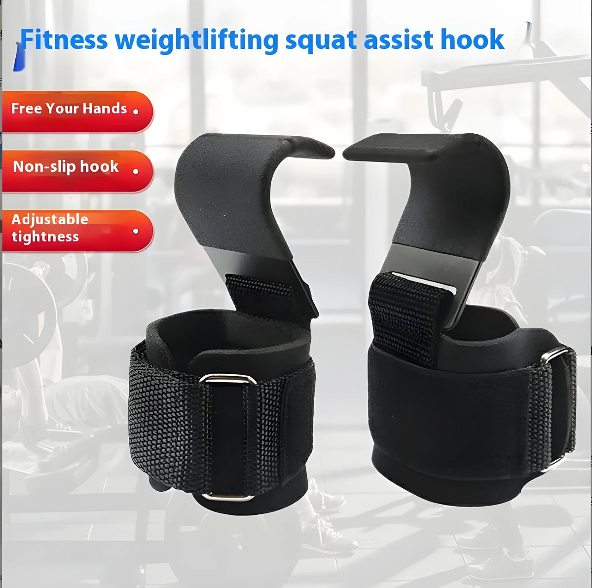 Pull-up grip hook with coated steel hook and rubber nylon buckle, 37.5cm by 8cm, for pull-ups and back training