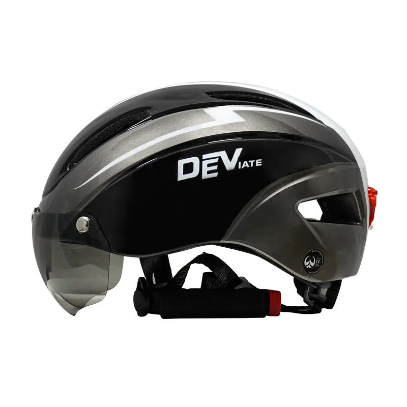 Adult bicycle helmet in Black Blue White colour scheme with adjustable straps and free size fit.
