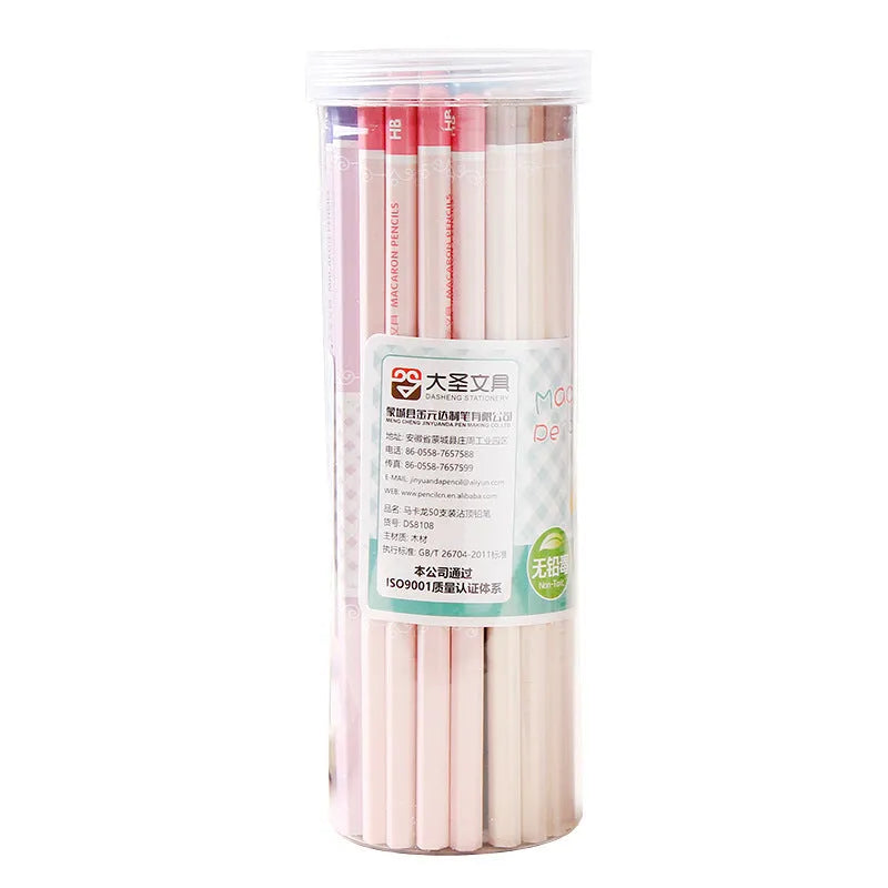 Basswood barrel containing 50 hexagonal HB pencils for writing and drawing.