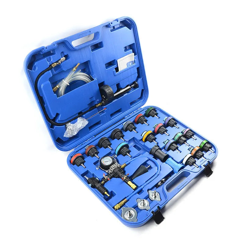 28-piece blue automotive cooling system pressure tester kit with vacuum purge and refill tools