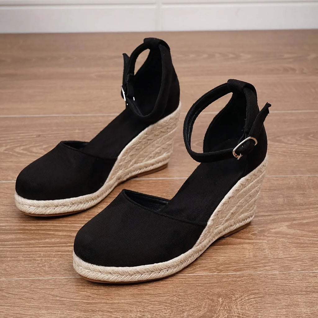 Women's casual canvas wedge sandals in Roman style with buckle fastening