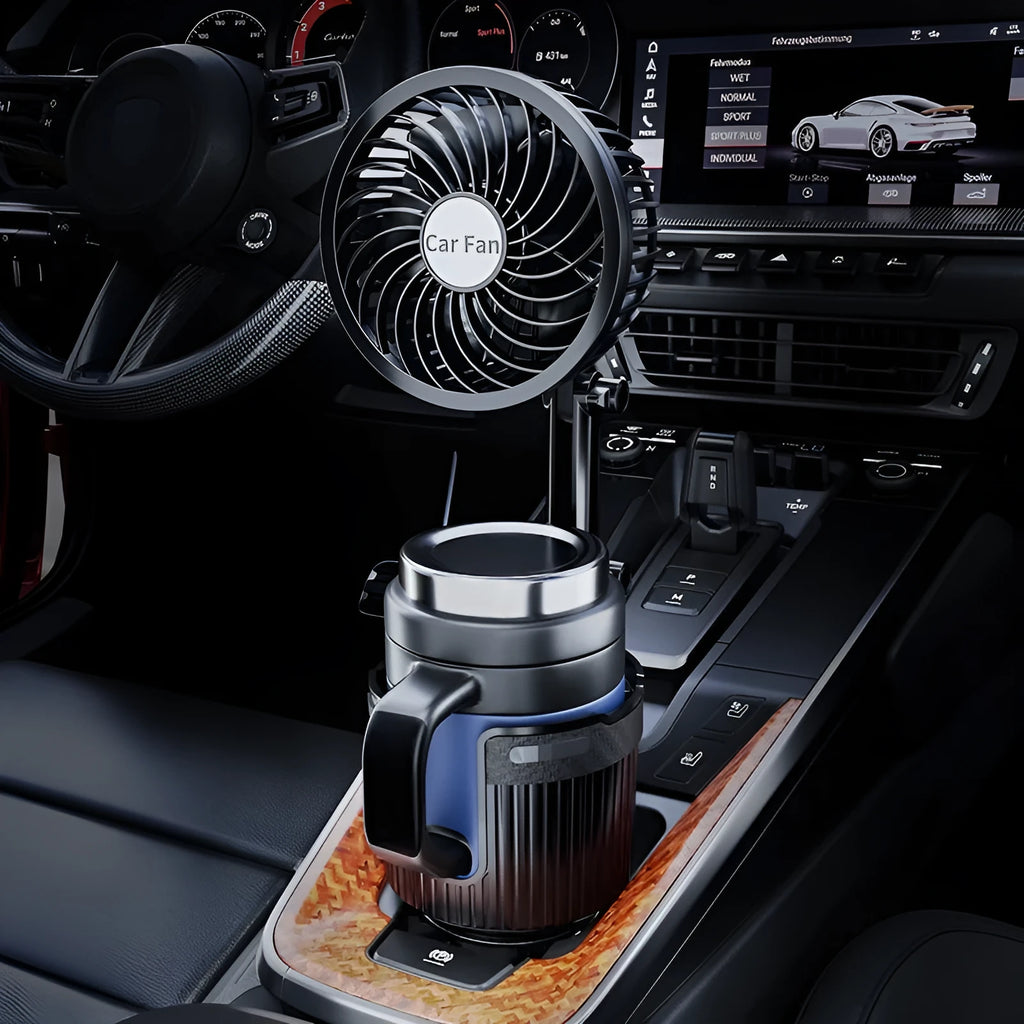 ABS plastic car cup holder fan showing 4-inch and 6-inch size options for 12V, 24V, or USB power.