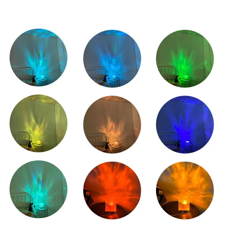 LED water ripple night light with USB cable and remote control creating rotating projection on wall