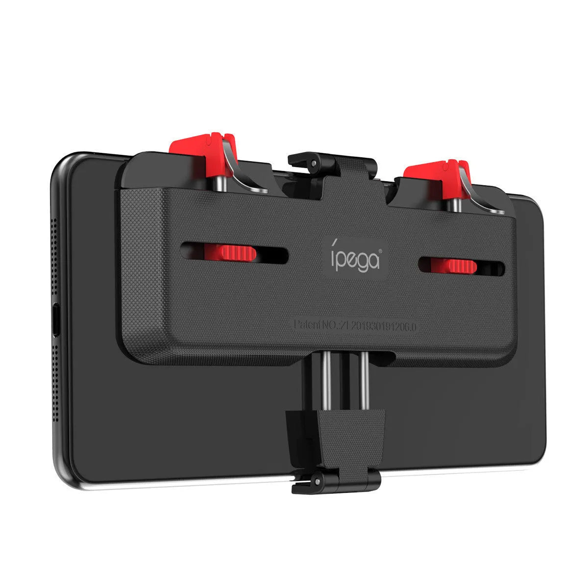 Black PG-9137 mobile gaming trigger handle attached to a phone showing the hidden trigger and telescopic clip.