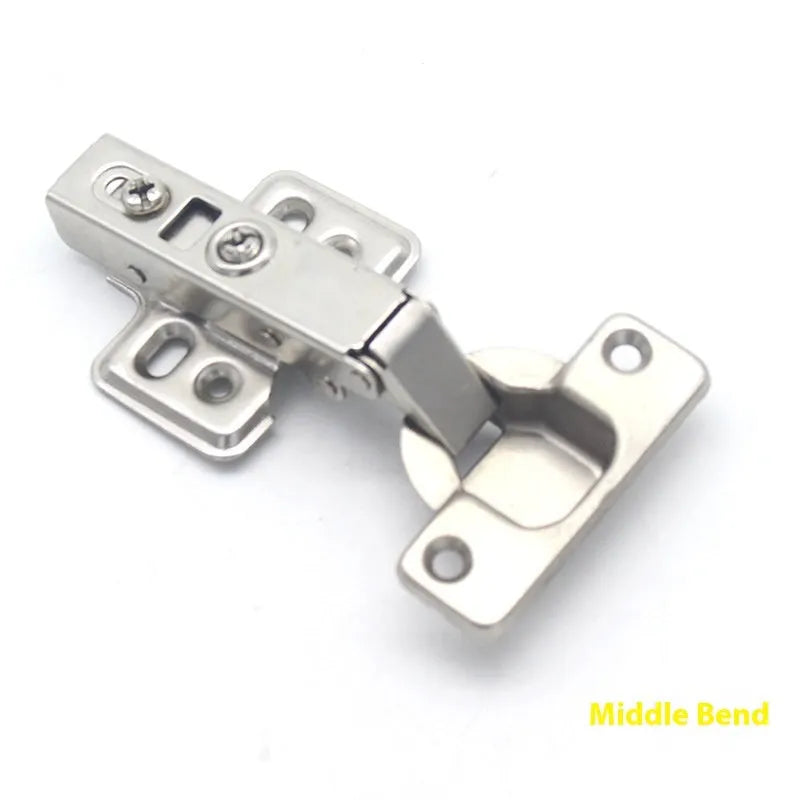 Nickel plated cold rolled steel hydraulic damping hinge for cabinet doors in three bend types.