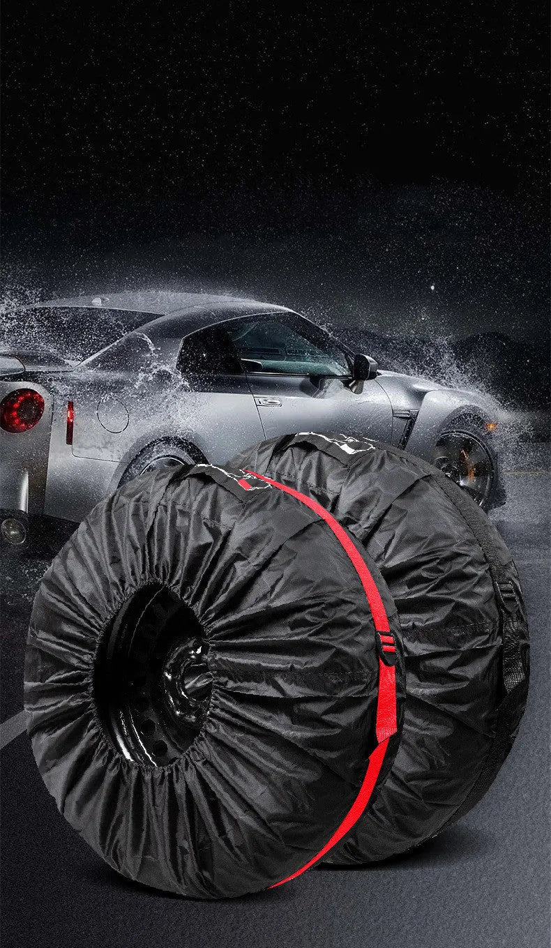 Set of four black polyester car tyre protective covers with a red belt style detail.