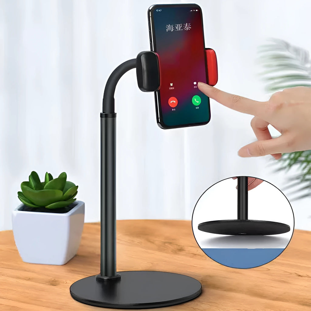Lazy desktop stand holding a mobile phone on a desk, silicone tube and aluminium alloy construction