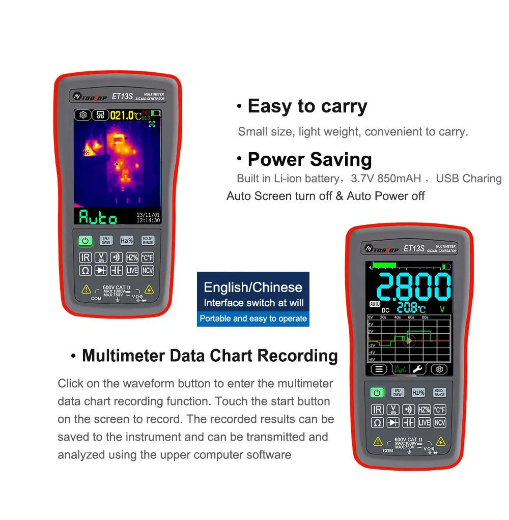 ET13S thermal imaging multimeter showing thermal camera display on its 2.8-inch screen.