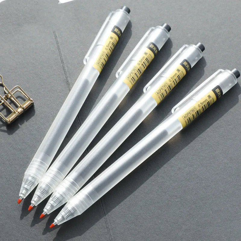 Twelve retractable gel pens with frosted black barrels and 0.5mm tips displayed with two refill units