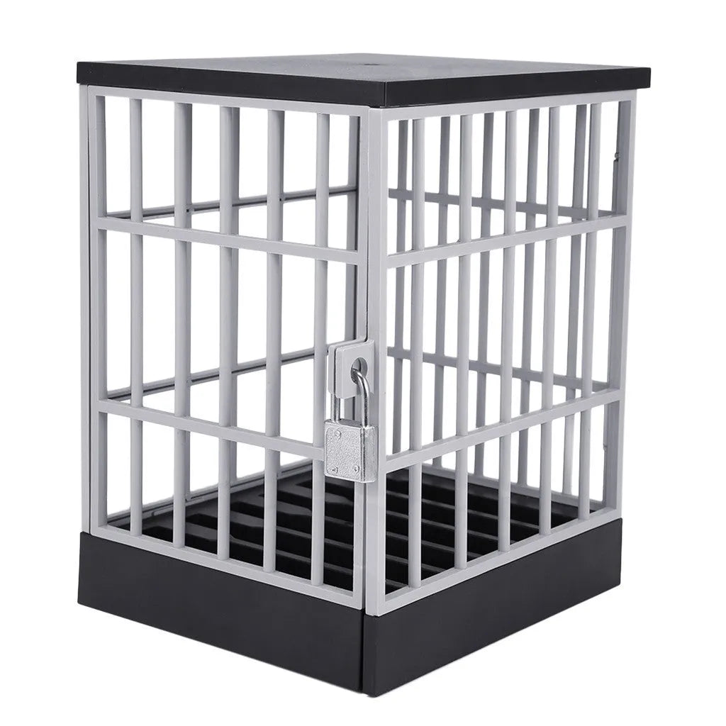 Grey plastic phone storage cage with six grooves and padlocks for locking mobile devices