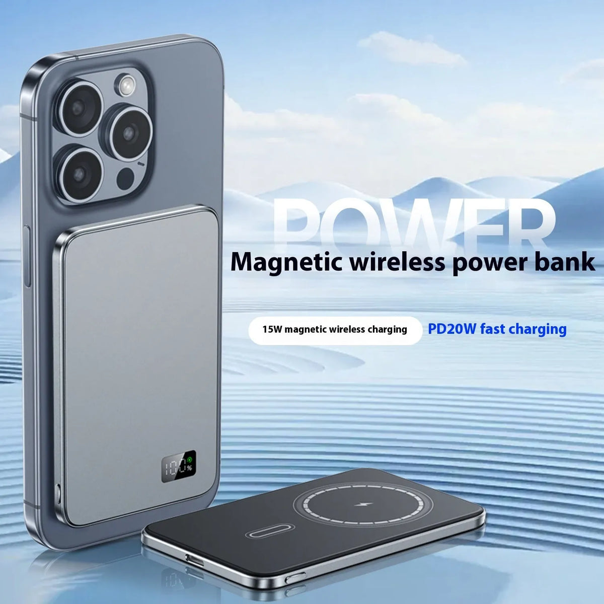 Three-in-one wireless magnetic fast charge power bank in alloy shell, 104x66x7.8mm, black gray blue purple, 5000mAh or 10000mAh