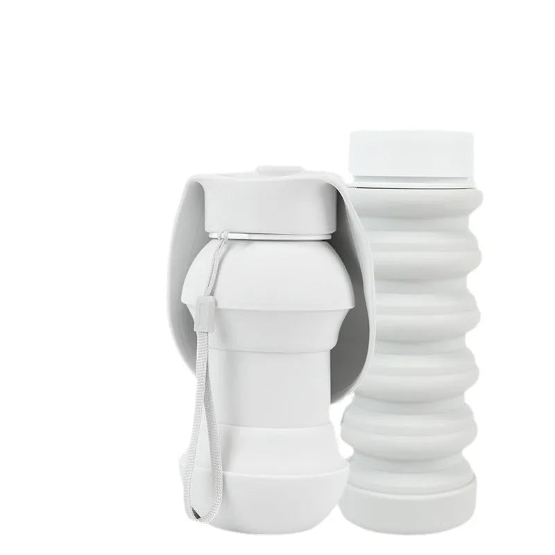 Silicone folding pet drinking cup shown collapsed and expanded for dog or cat use outdoors