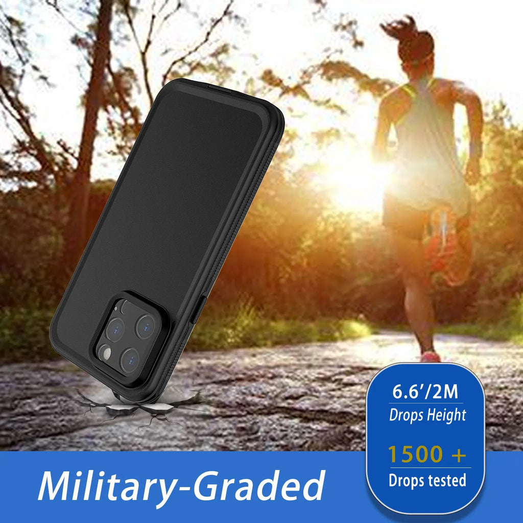 Black frosted waterproof iPhone case with magnetic suction function shown next to a phone.