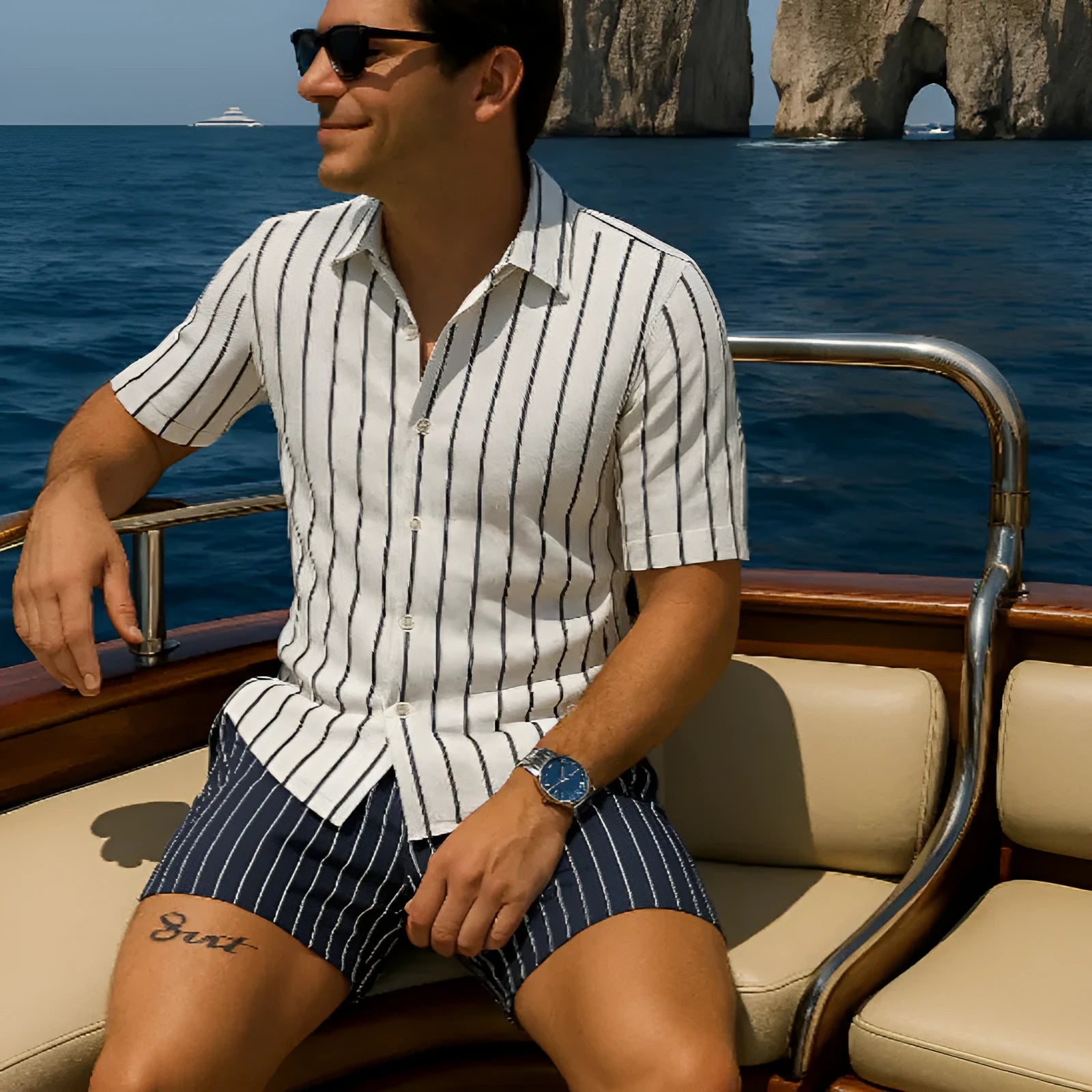 Men's light blue elastic beach shirt and shorts set laid flat.