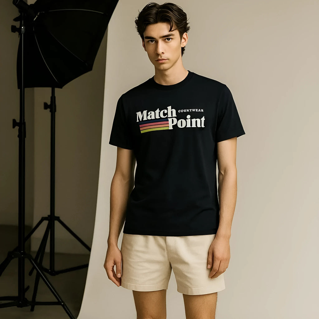 Black men's casual T-shirt with a 3D digital printed text pattern, showing round neck and short sleeves.