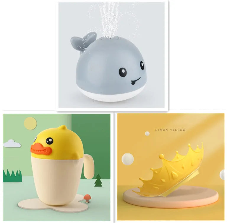 Whale-shaped electric bath toy spraying water with flashing lights, floating in baby bathtub