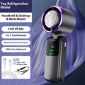 Blue USB rechargeable handheld electric fan with adjustable speed settings and folding design