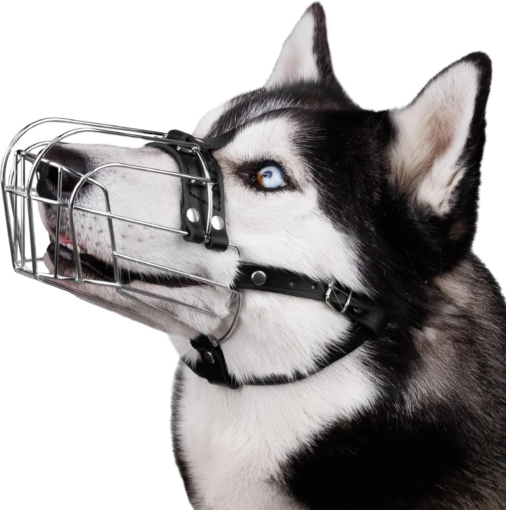 Black metal dog muzzle designed for a golden retriever or German shepherd