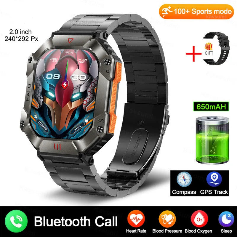 Android GPS smart watch with Bluetooth call on wrist, showing resin dial and titanium alloy case with optional leather strap.