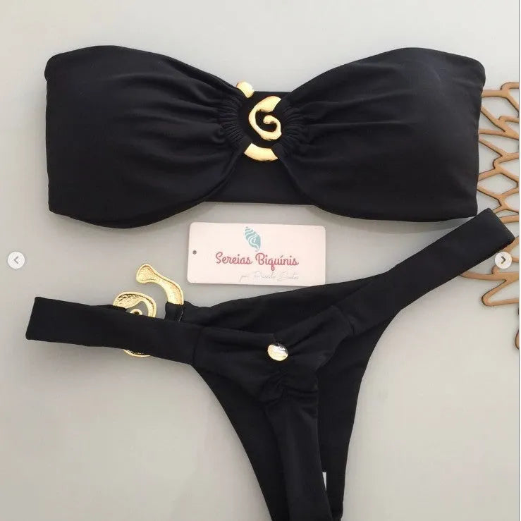 Women's metal ornament split swimsuit in black with snail ornament and removable shoulder straps