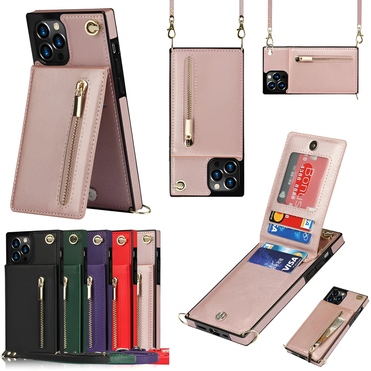 Black leather card case wallet phone case with TPU frame for iPhone, front view showing card slot
