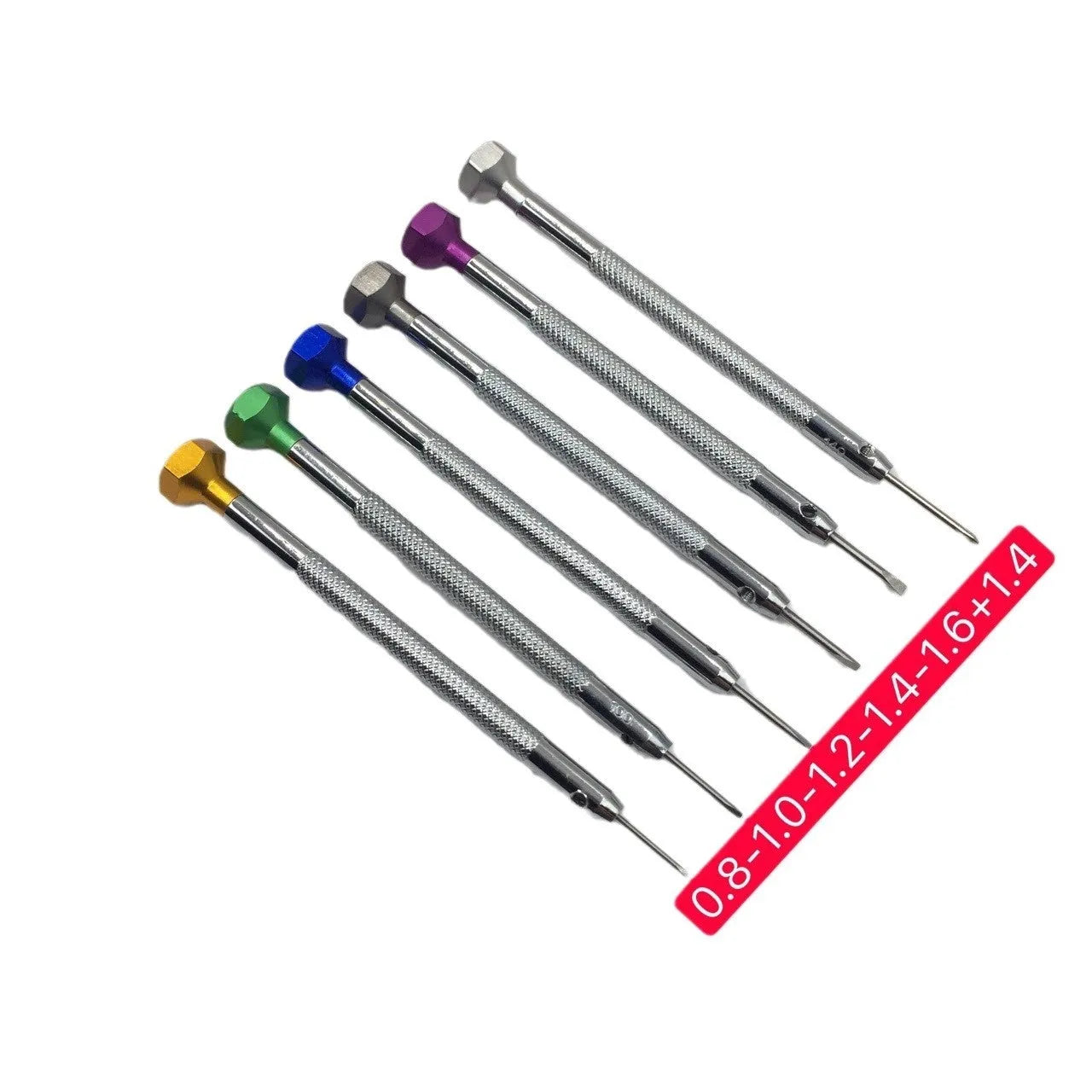 6-piece colour aluminium watch screwdriver set with oxidation-treated heads and copper handles