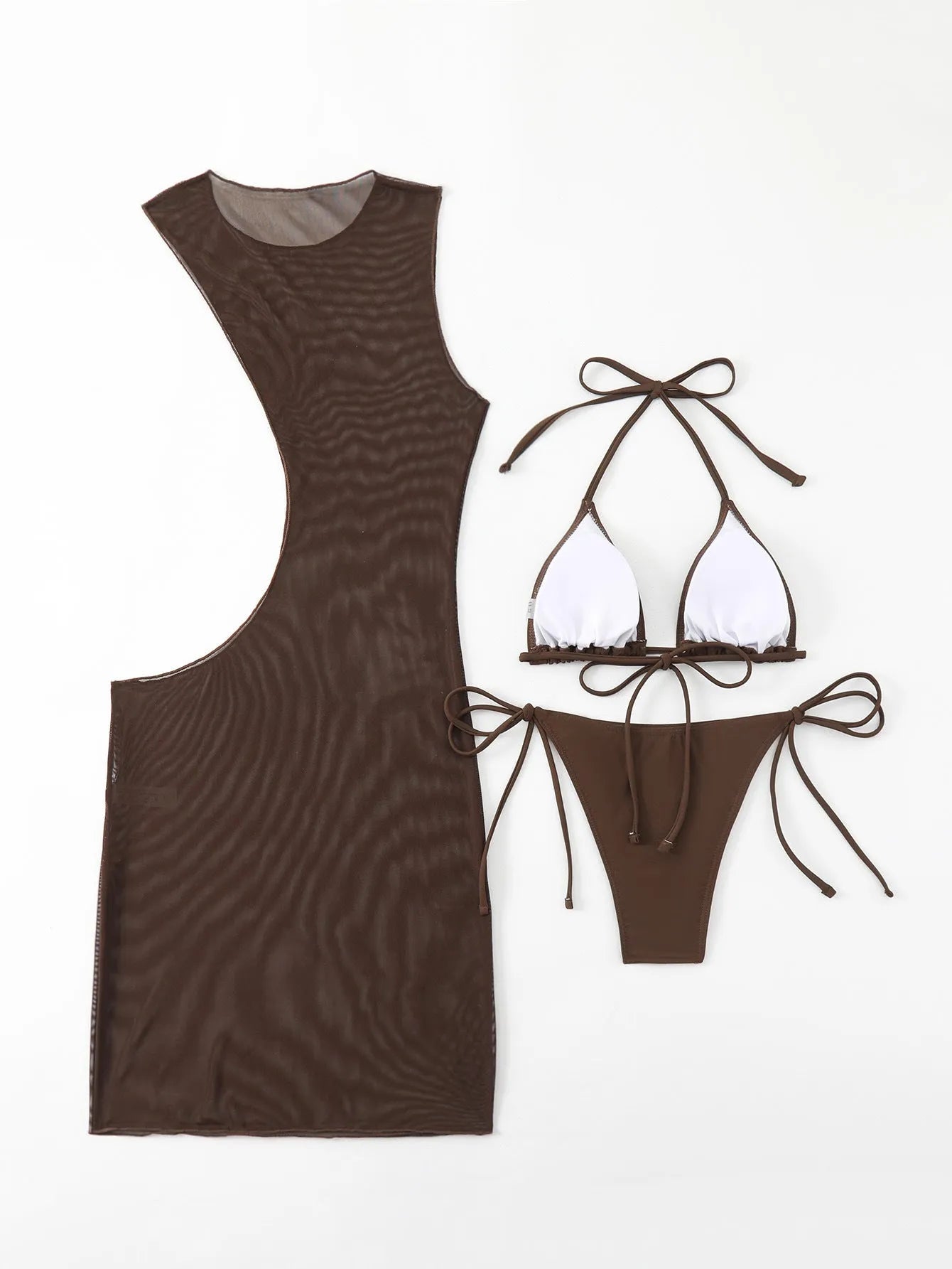 Brown women's three-piece bikini set showing bra, shorts, and blouse laid flat.