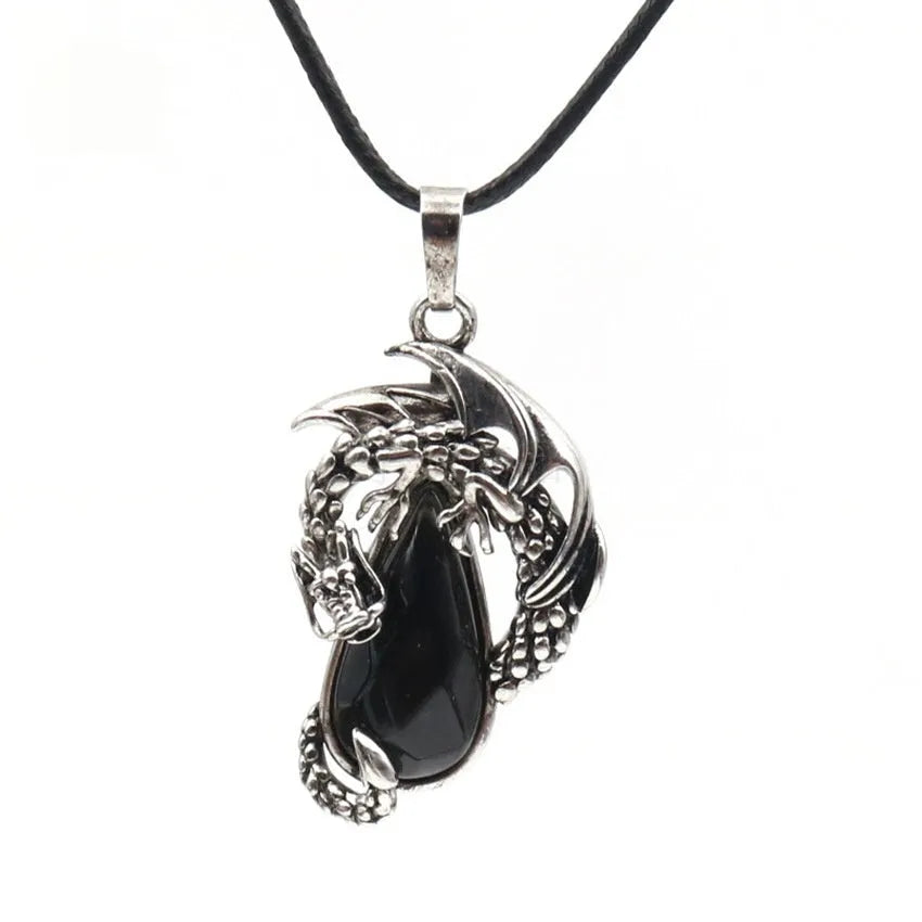 Water drop pterosaur necklace with 40x23mm gem pendant on leather rope, 45cm chain with 5cm extender
