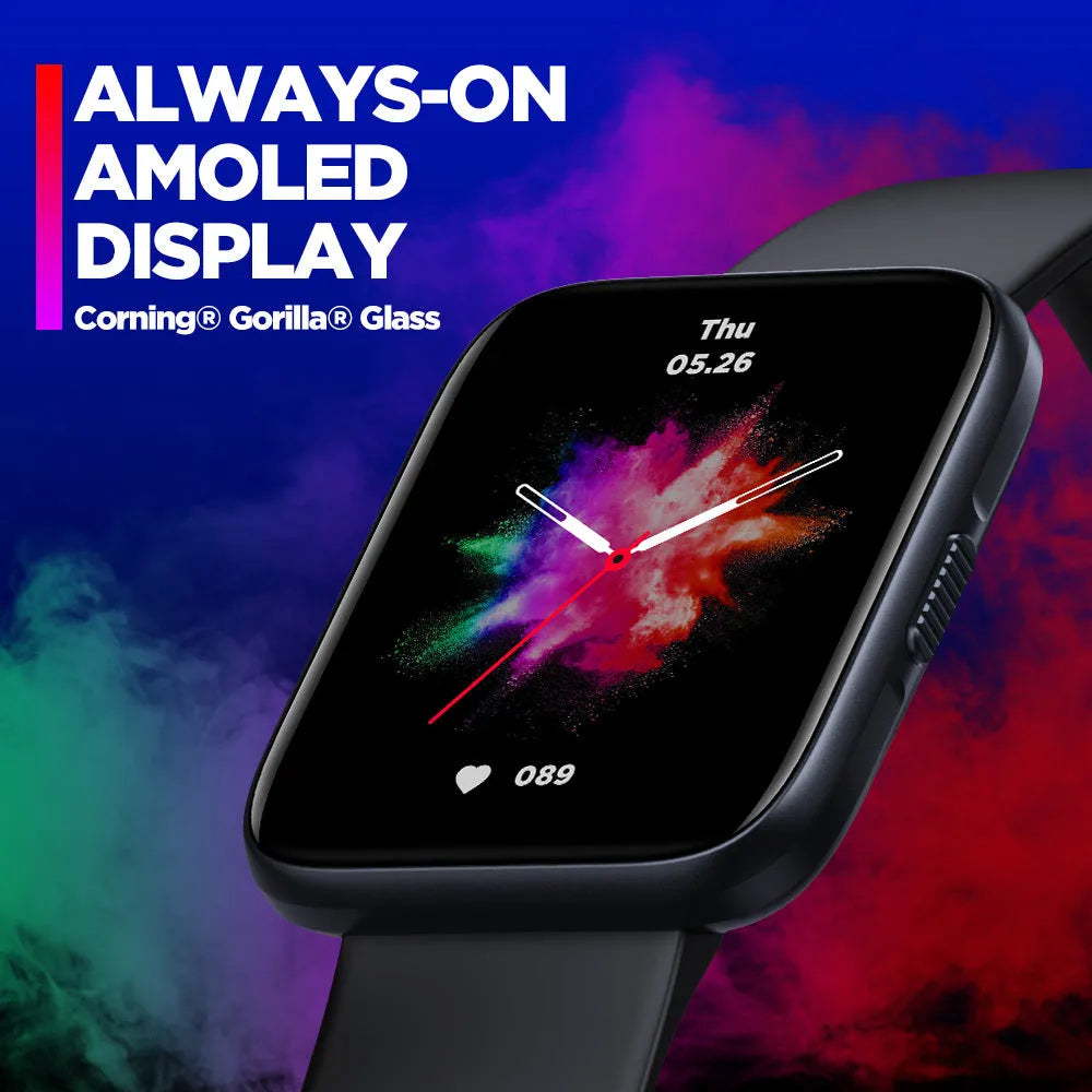Black GPS sports smart watch with 1.78 inch LCD display and rubber strap for Android health tracking