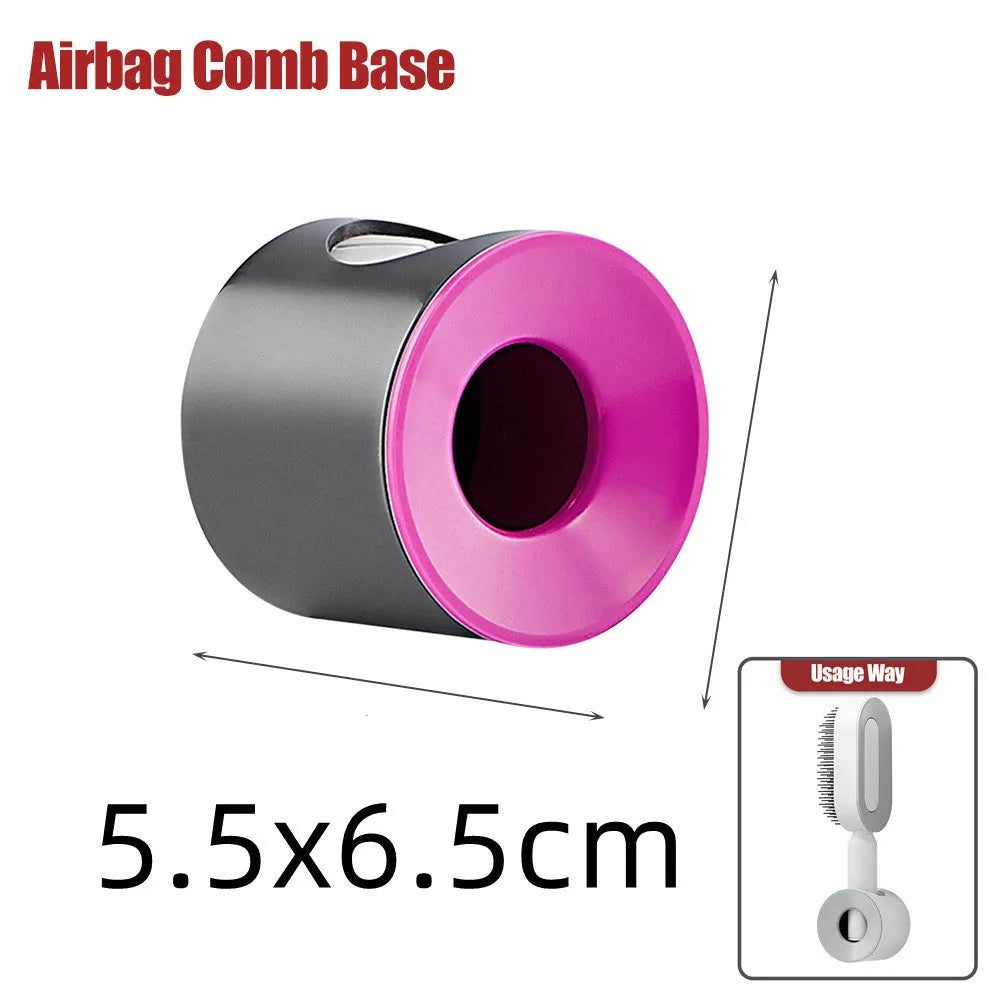 Self-cleaning air cushion hair brush in white, black gold, or black purple with ergonomic handle