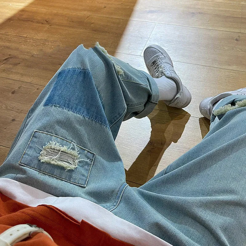 Men's loose straight leg ripped jeans in blue denim, high street style, micro-elastic fabric