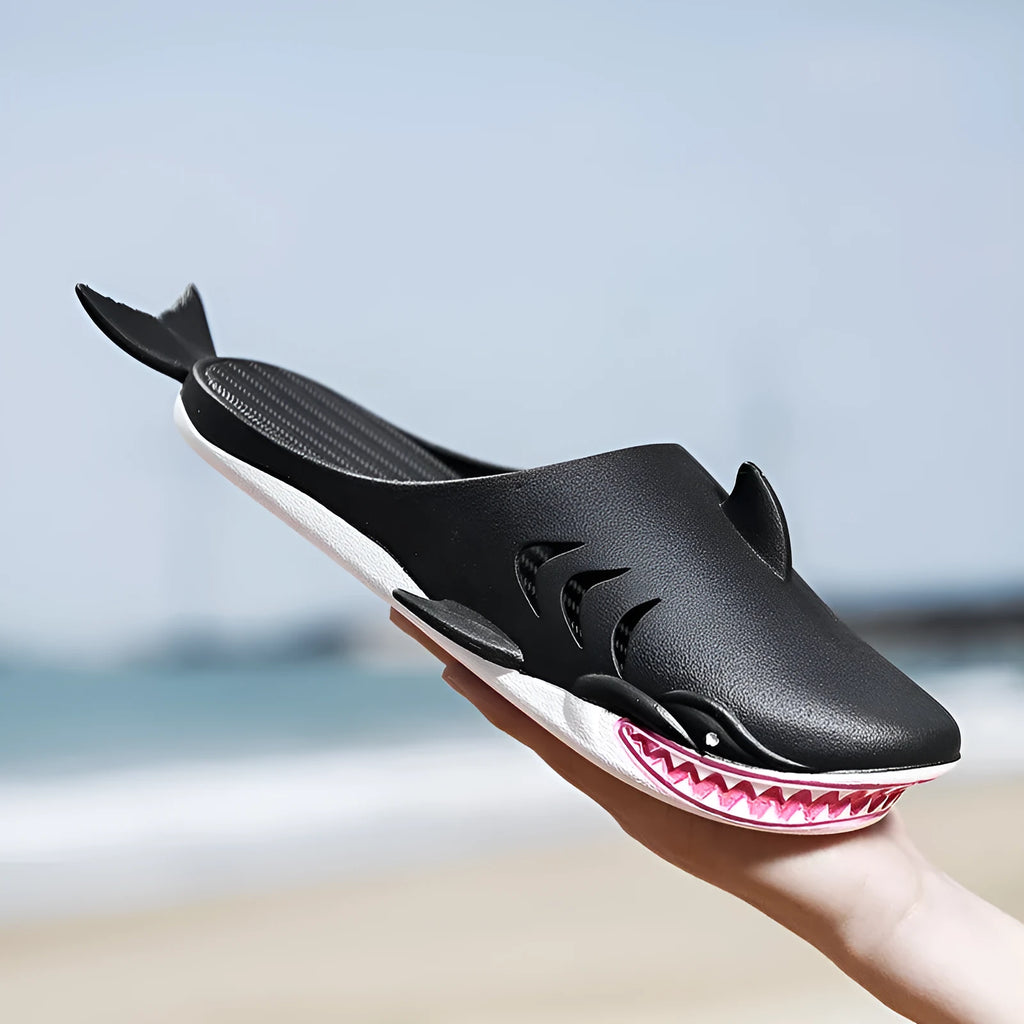 Shark slippers PVC flat slippers for women and men closed-toe design available in black blue green grey