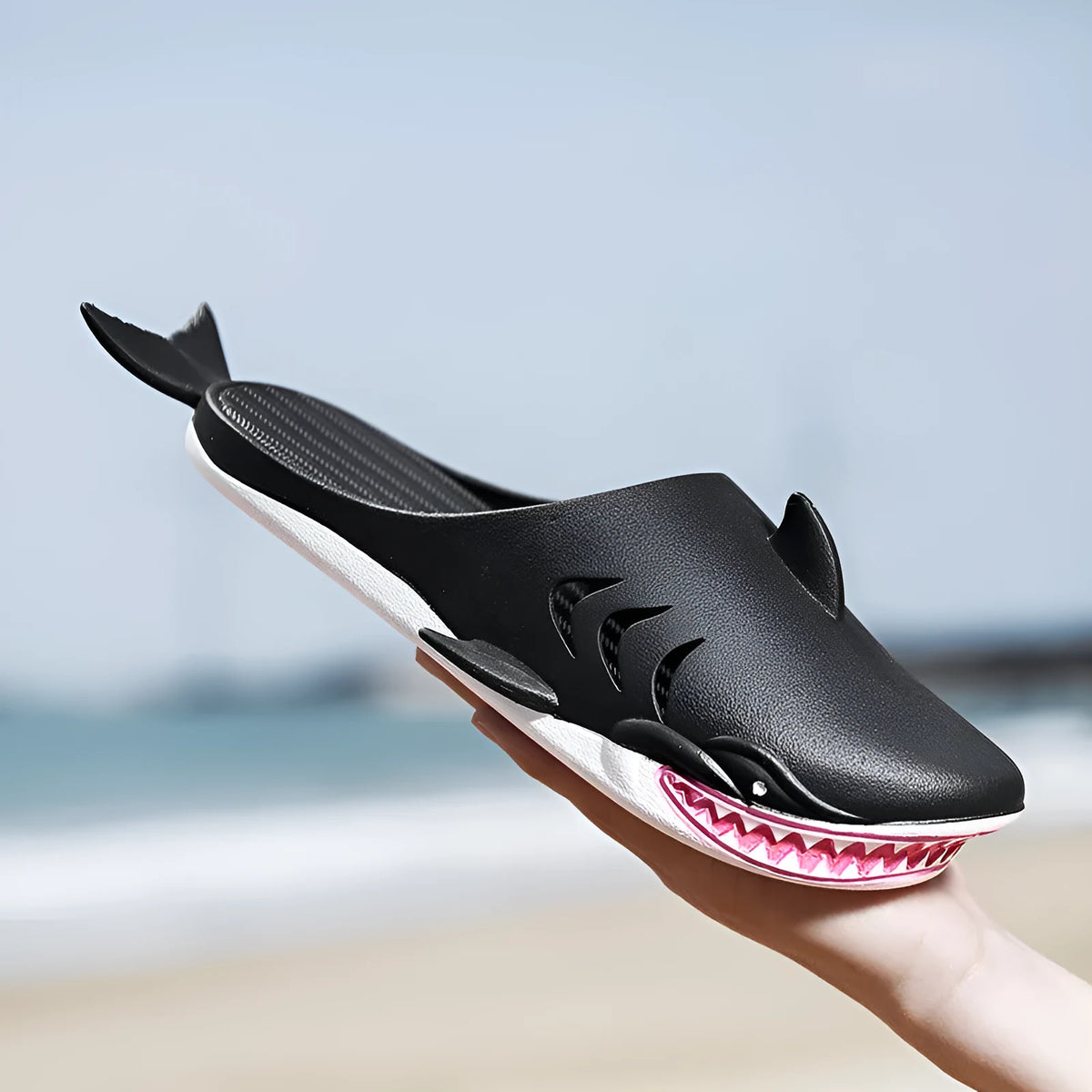 Shark slippers PVC flat slippers for women and men closed-toe design available in black blue green grey