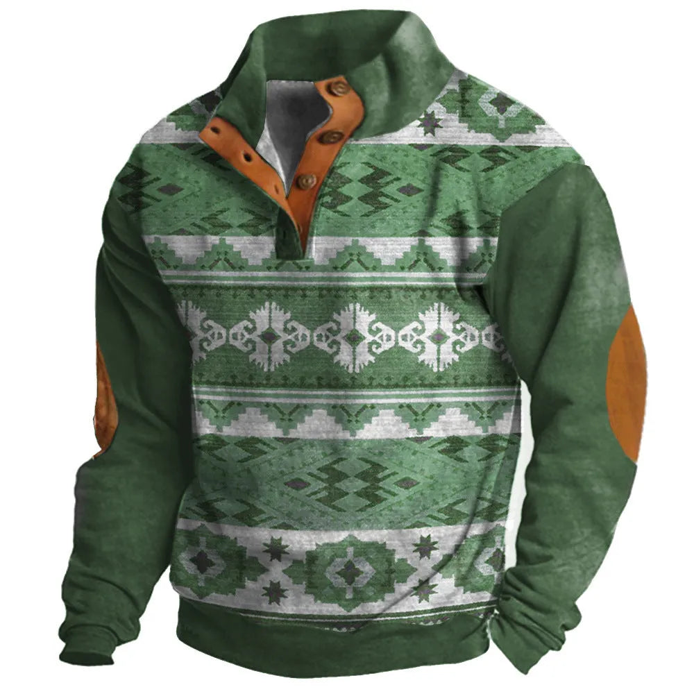 Loose fit long sleeve sweater with a 3D digital printed pattern and a four-button placket front.