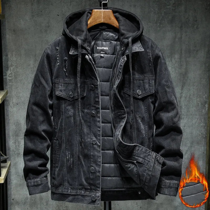 Men's thick denim hooded jacket with lapel collar in black, slim fit cotton winter coat