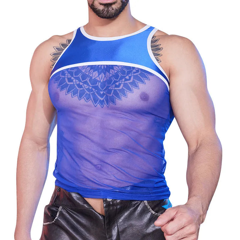 Men's see-through mesh body shaping top in black, high elastic nylon, sheer fabric