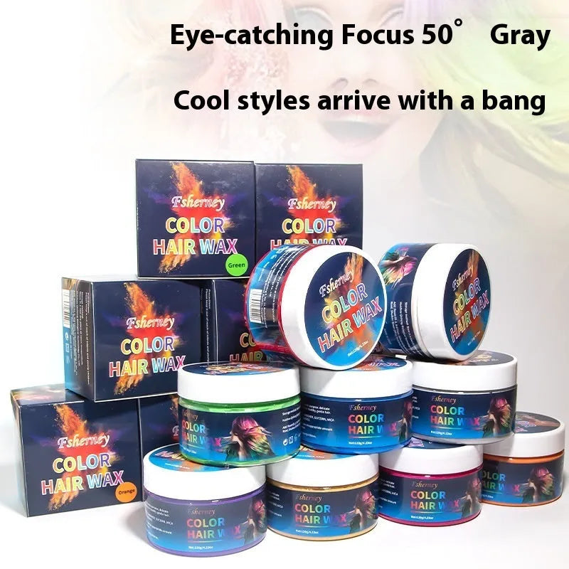 A 120g pot of hair styling clay in one of nine colours, including blue, green, purple, and red.